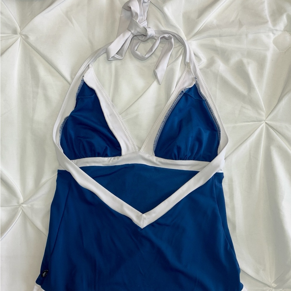 Dark blue one-piece swimsuit with white trim - Picture 3 of 5